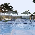 Luxury Swimming Pool Area With Palm Trees Modern Building And Seating Areas