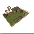 Rustic Farm Scene With Thatched Hut Windmills Barrels Chickens Hay Stacks Fence And Green Grass