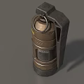 Military Weapon Grenade With Brown Body Yellow Caution Label And Metal Ring Handle