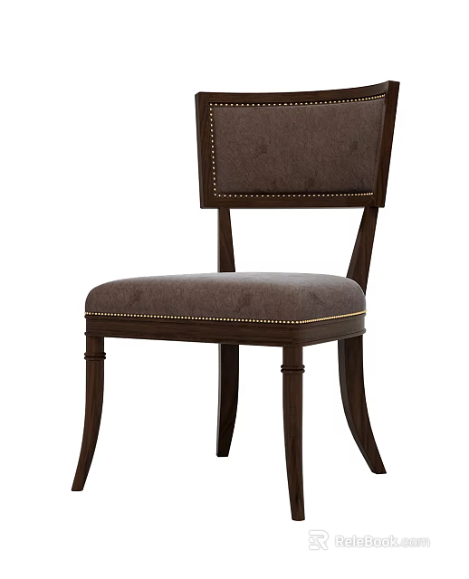 Elegant Upholstered Dining Chair With Gray Fabric Dark Wood Frame And Brass Nails Trim 3d model 