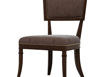 Elegant Upholstered Dining Chair With Gray Fabric Dark Wood Frame And Brass Nails Trim 3d model