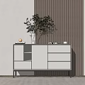 Modern White And Grey Entryway Console Cabinet With Drawers Green Plant On Wooden Striped Wall