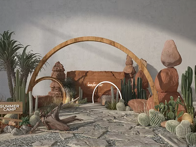 Floral Installation with Wooden Arch Cacti Palm Trees and Natural Rocks Pathway 3d model