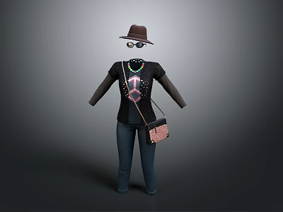 Everyday Lifestyle Essentials with Black T shirt Jeans Brown Hat Sunglasses and Pink Bag 3d model
