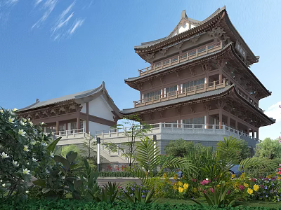 Ancient Chinese Architecture With Multi Story Tower Classic Tiled Roofs And Garden Flowers 3d model