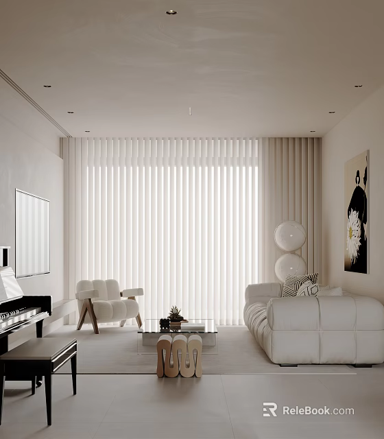 Modern Living Room Interior With White Sofa Armchair Coffee Table Decorative Painting Blinds And Curtains 3d model 