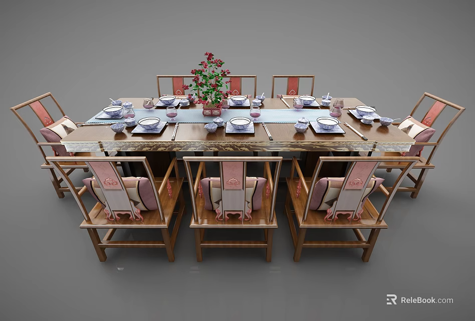 Chinese Style Wooden Dining Table Set With Matching Chairs Tableware And Decorative Flowers 3d model 
