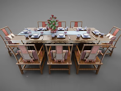 Chinese Style Wooden Dining Table Set With Matching Chairs Tableware And Decorative Flowers 3d model