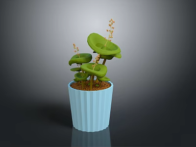 Green Potted Plant with Lily Pad Like Leaves in Light Blue Ribbed Pot 3d model