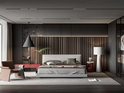 Modern Bedroom Interior With Wooden Wall Paneling Bed Floor Lamp And Rug 3d model