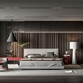 Modern Bedroom Interior With Wooden Wall Paneling Bed Floor Lamp And Rug