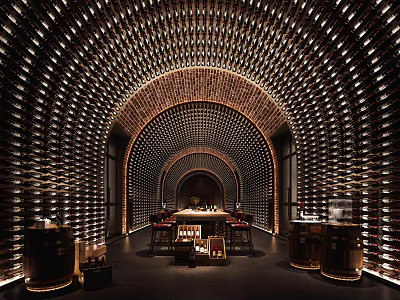 Wine Cellar Interior With Arched Ceiling Wine Bottles On Walls Table Chairs And Wooden Barrels 3d model