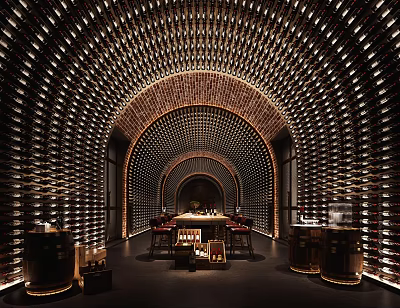 Wine Cellar Interior With Arched Ceiling Wine Bottles On Walls Table Chairs And Wooden Barrels 3d model