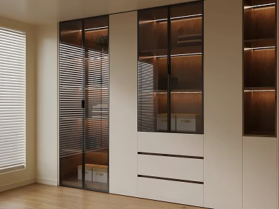 Modern Wardrobe Interior Design With Glass Doors Wooden Elements And Drawers 3d model