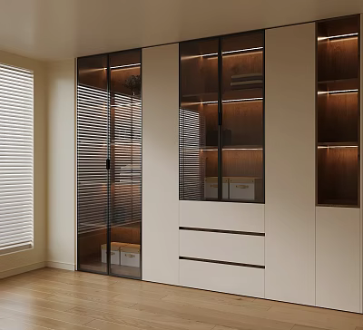 Modern Wardrobe Interior Design With Glass Doors Wooden Elements And Drawers 3d model