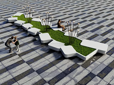 Irregular Shaped Landscape Seating with Green Grass and Decorative Plants in Plaza Where People Relax 3d model