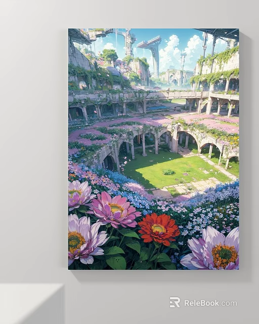 Vibrant Landscape Painting Of Ruined Courtyard With Arches Lush Green Lawn And Colorful Flowers 3d model 