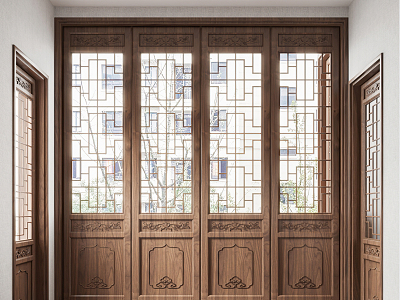 Chinese-style gate folding door flower window 3d model