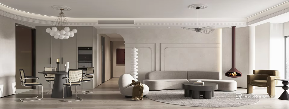 Modern Living Dining Area Interior With Sectional Sofa Coffee Table And Decorative Lighting 3d model