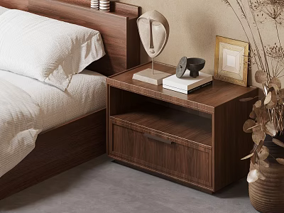 Modern Walnut Bedside Table With Sculpture Books Picture Frame And Bed 3d model
