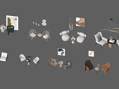 Modern Table Chair Sets With Decorative Lamps And Wall Art 3d model
