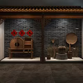 Cultural Center Traditional Interior Featuring Golden Buddha Statue Hanging Lanterns Red Curtains And Display Cabinets