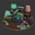 Open Laptop On Red Circular Platform With Green Plants Lamp Camera Radio And Bottles