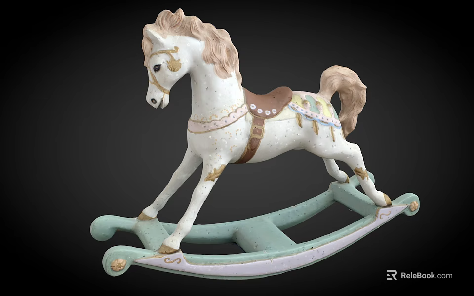 White Rocking Horse Furniture with Light Green Base Brown Saddle Decorative Accents and Classic Design 3d model 