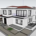 Modern Single Family House With White Exterior Two Story Large Glass Windows And Front Garden