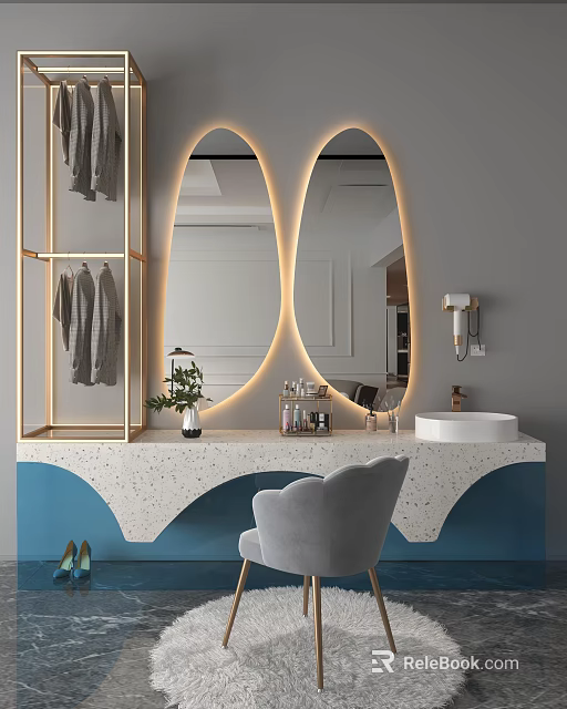 Modern Vanity With Double Round Backlit Mirrors Marble Countertop Clothing Rack Gray Chair Blue White 3d model 