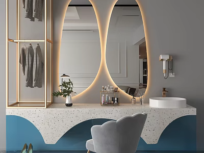 Modern Vanity With Double Round Backlit Mirrors Marble Countertop Clothing Rack Gray Chair Blue White 3d model