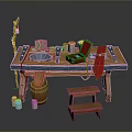 Wooden Workbench With Blue Countertop And Tools Near Wooden Barrel And Small Stool