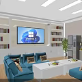 Bright Modern Interior With Arched Doorway White Bookshelves Blue Sofas TV And Wooden Flooring