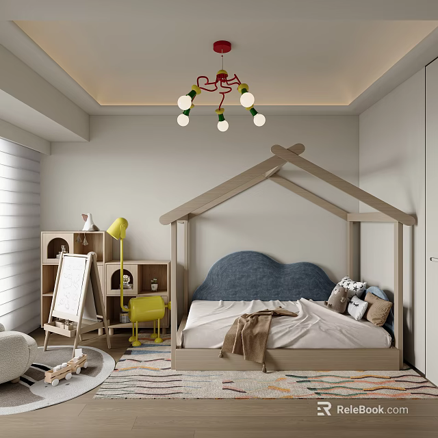 Kids Room Interior With Wooden House Shaped Bed Blue Cloud Headboard And Playful Decor 3d model 