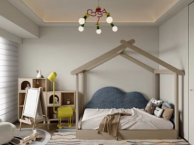 Kids Room Interior With Wooden House Shaped Bed Blue Cloud Headboard And Playful Decor 3d model