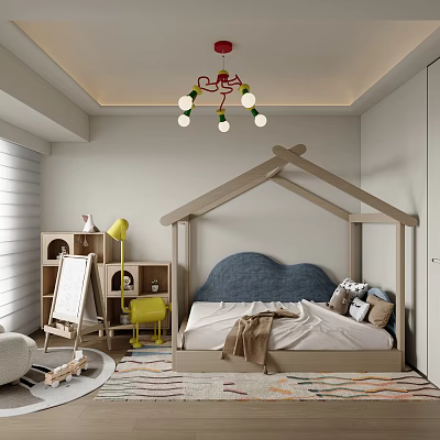 Kids Room Interior With Wooden House Shaped Bed Blue Cloud Headboard And Playful Decor 3d model
