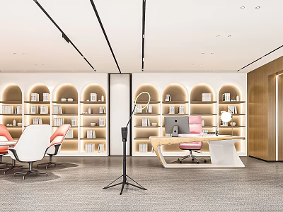 Modern Public Office Space with Open Concept Bookshelves Office Desks Chairs and Microphone Stand 3d model
