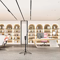 Modern Public Office Space with Open Concept Bookshelves Office Desks Chairs and Microphone Stand