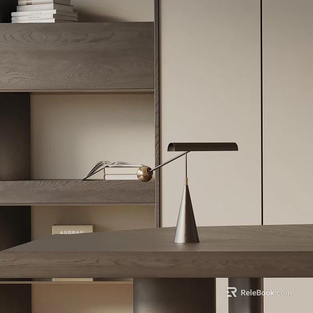 Modern Desk Lamp with Conical Metal Base and Black Shade on Wooden Tabletop Near Bookshelf 3d model 