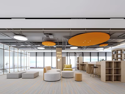 Modern Open Lounge Interior With Orange Circular Ceiling Lights Comfortable Seating And Wooden Bookshelves 3d model