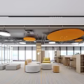 Modern Open Lounge Interior With Orange Circular Ceiling Lights Comfortable Seating And Wooden Bookshelves