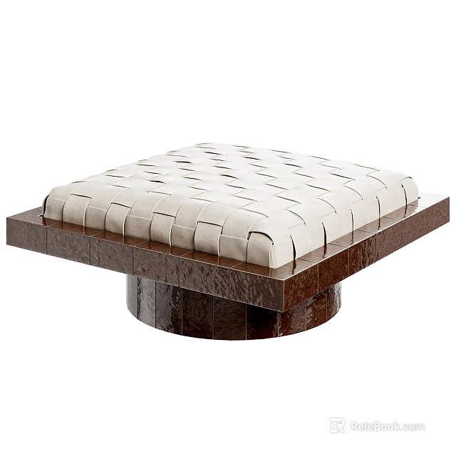 Stylish Square Ottoman With Woven White Cushion And Brown Wooden Base 3d model 