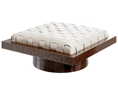 Stylish Square Ottoman With Woven White Cushion And Brown Wooden Base 3d model