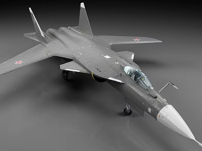 Gray Military Fighter Jet Model With Red Star Insignia Cockpit And Landing Gear 3d model