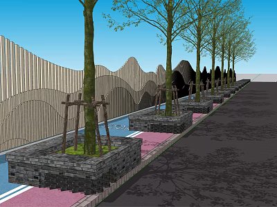 Modern Municipal Road With Tree Planters Wavy Fences And Colored Paving 3d model