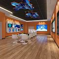 Modern Tech Exhibition Hall Interior With Orange Walls Blue Ceiling Decor And Interactive Pods 3d model