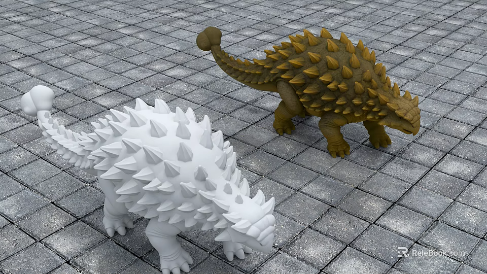 Two Spiky Armored Dinosaur Models White And Brown On Gray Brick Floor 3d model 