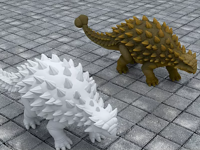 Two Spiky Armored Dinosaur Models White And Brown On Gray Brick Floor 3d model