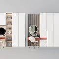 Modern White Wardrobe Interior With Dressing Table Round Mirror And Chair Storage Design 3d model