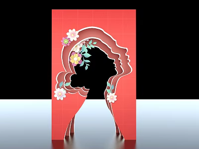 Creative Paper Cut Silhouette Art With Floral Decoration On Red Background 3d model